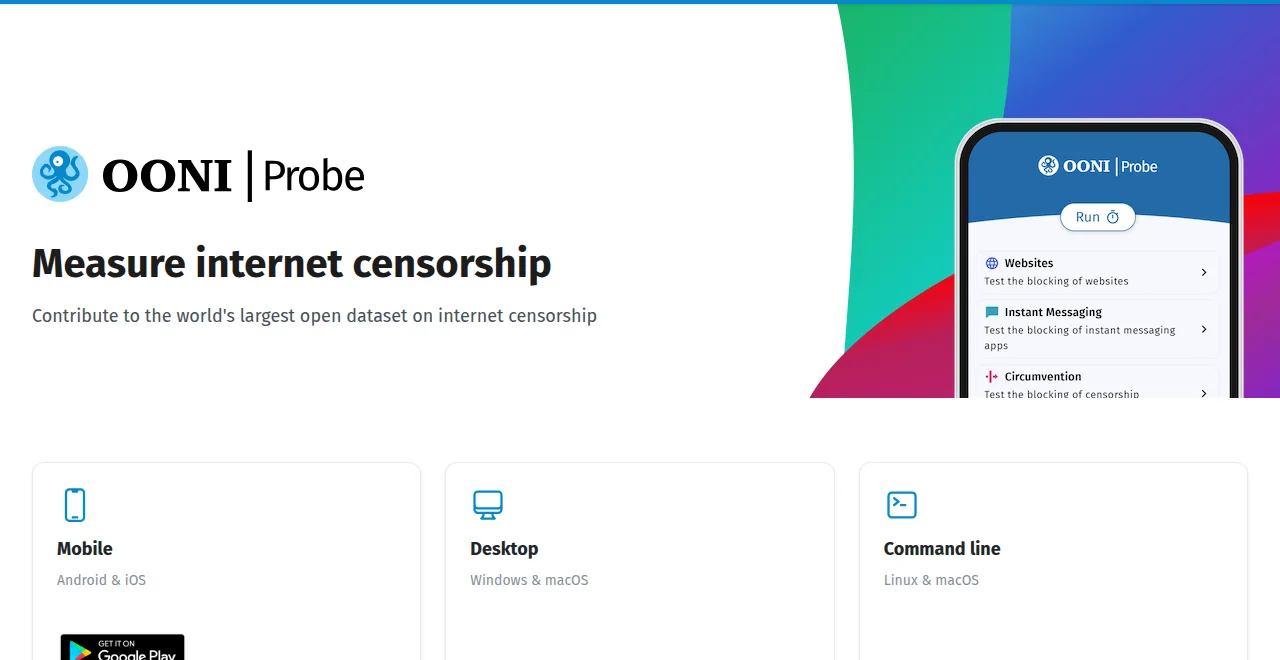 The official OONI install page: apps for Android, iOS, Windows, Linux and macOS from the project's own channels