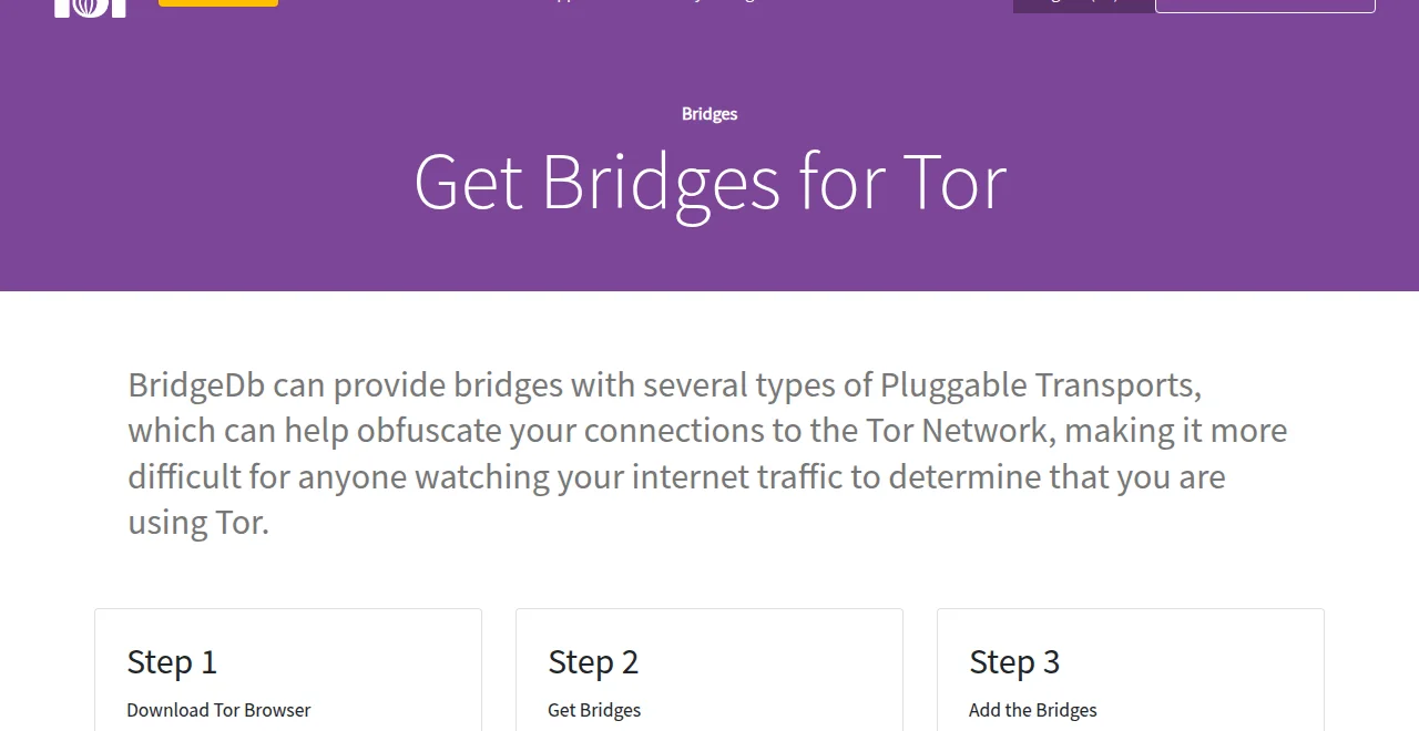 The official bridges portal: request a bridge in the browser, no account needed